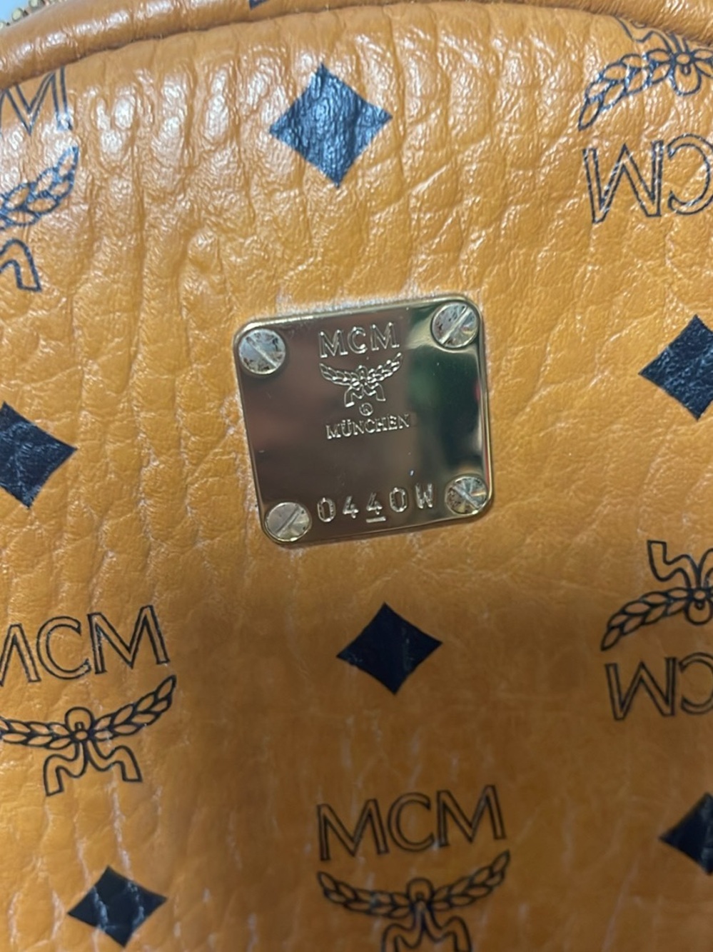 MCM Visetos Cognac Tan Logo Backpack with Gold Plate